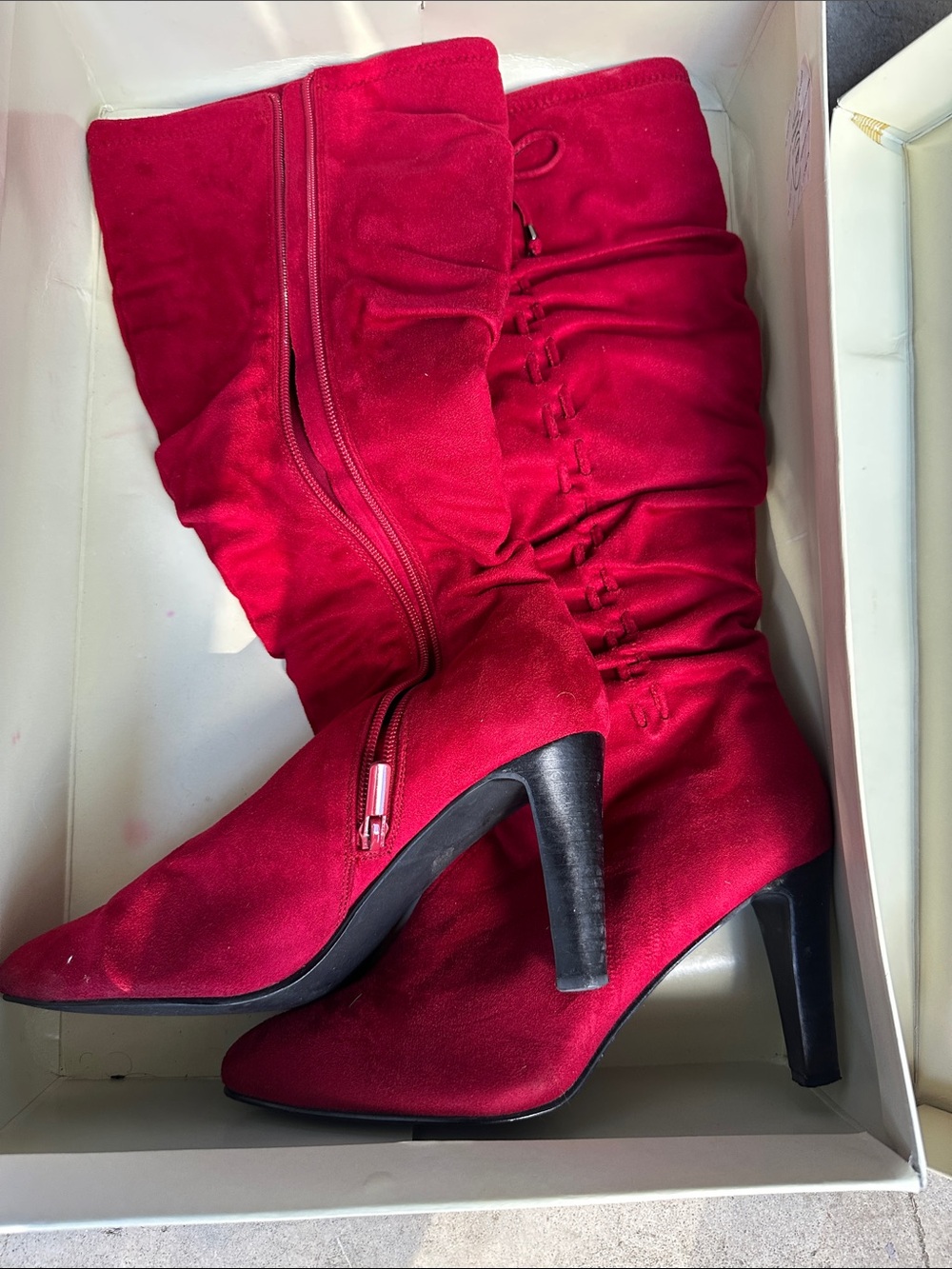 Ruched Red Knee-High Women's Boots with Tie Accent - Picture 2 of 3